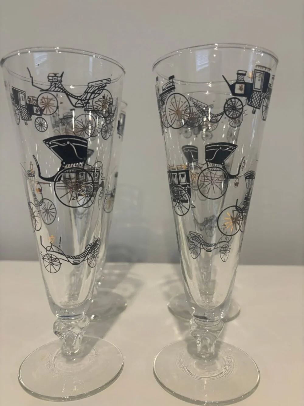 Vintage MidCentury Parfait Footed Glasses - Black & Gold Horse Carriage Set of 4